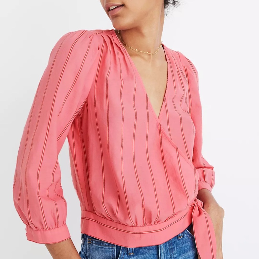 Madewell Pink Wrap Top in Cecilia Stripe Sz S